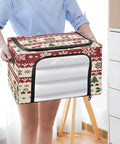 No Sweat Heavy Duty Foldable Storage Bin With Clear Front Window And Dual Zipper Openings For Effortless Seasonal Item Organization Featuring Cheerful Holiday Stripes being held with a clear view of side window.