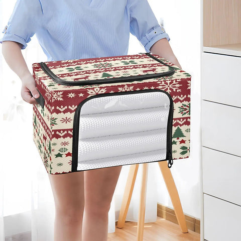 No Sweat Heavy Duty Foldable Storage Bin With Clear Front Window And Dual Zipper Openings For Effortless Seasonal Item Organization Featuring Cheerful Holiday Stripes being held with a clear view of side window.