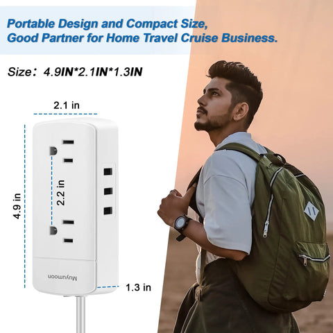 All In One Travel Power Strip With 2 Prong To 3 Prong Converter, Four Outlets And Three USB Ports next to a person carrying a backpack