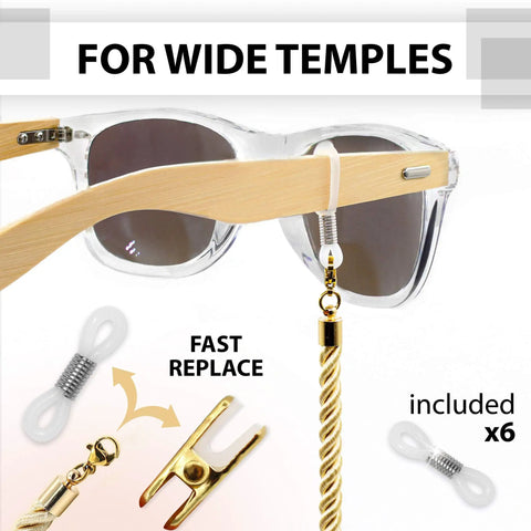 Glasses Strap Set, 3 Pack Gold Terylene Eyewear Lanyard With Alligator Clips, Silicone Loops And Jewelry Clasps on sunglasses