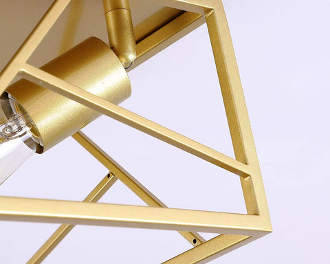 Close-up of Two Light Modern Gold Flush Mount Ceiling Fixture With Metal Square Design showcasing bulb and frame detail