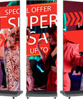 Slick Big 80 Inch P1.86 Flexible Led Screen Digital Signage Display Black Duo Pack showcasing vibrant ads in a lively setting.