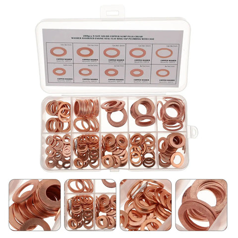 Bestyash 200pc Copper Crush Washers M5 Assortment Kit For Faucet Leak Sealing And Electrical Connections Heavy Duty Sealants To Stop Drips Fast, copper washers in storage case