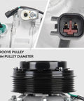 Fresh AC Air Compressor With Clutch For Ford Explorer 2011 2015 showing 6-groove pulley with 110mm diameter and wire connectors.