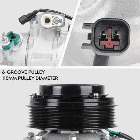 Fresh AC Air Compressor With Clutch For Ford Explorer 2011 2015 showing 6-groove pulley with 110mm diameter and wire connectors.