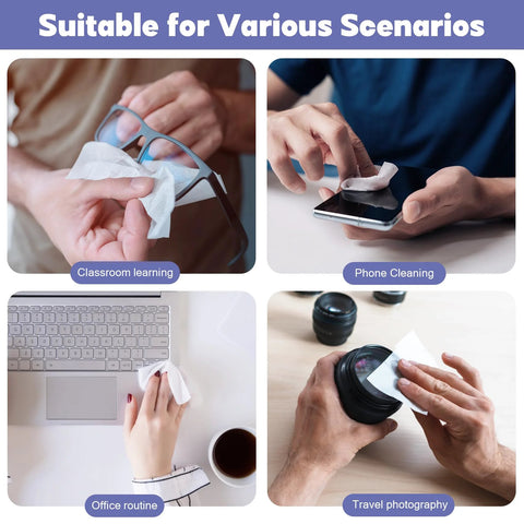 Large glasses-cleaner lens wipes, pre-moistened and individually wrapped; for eyeglasses, phones, laptops, and cameras.