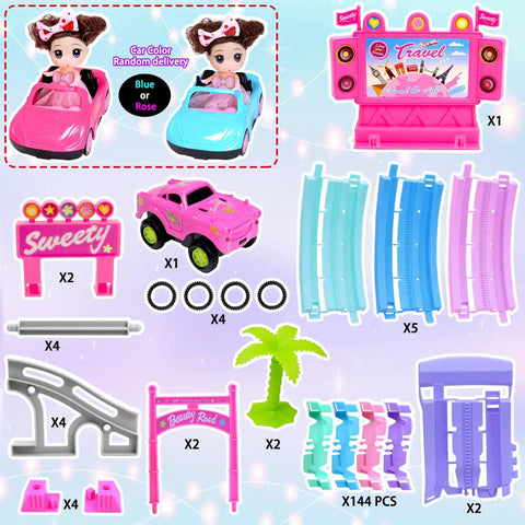 Pink 177 Piece Flexible Track Car Toy Set For Girls Ages 3 4 5 6 With 360 Degree Rotating Tracks Princess Car Doll Bridges Loop Runners