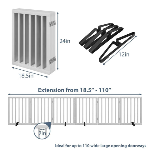 Extra Wide Wooden Dog Gate For Doorways 110 Inches Freestanding With 4 Support Stands, Foldable Indoor Pet Gate For Large Dogs And Puppies