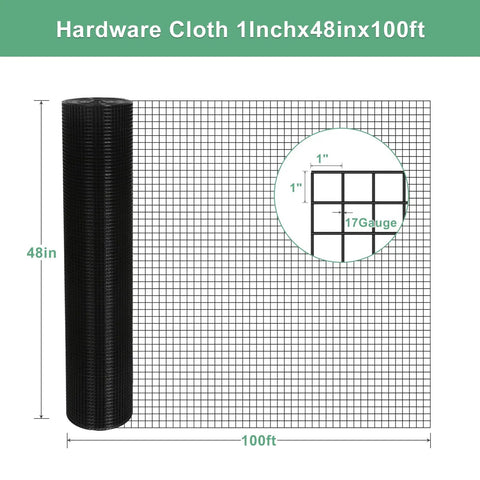 Heavy Duty Black Vinyl Coated Hardware Cloth One Inch Square Mesh Galvanized Steel Wire 48in x 100ft roll for wildlife barriers.