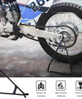 Beefy Heavy Duty Motorcycle Triangle Stand For Dirt Bike Universal Kickstand Rustproof Side Stand For Rear Wheel And Essential Motorcycle Accessories Today supporting bike rear wheel on pavement