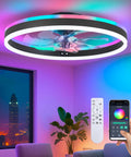 Slick Low Profile Ceiling Fan With Rgb Lights And Ultra Quiet Motor No Sweat Setup For Compact Rooms Black Flush Mount with remote.