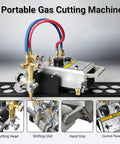 Heavy Duty Portable Torch Track Burner For No Sweat Gas Cutting With Dual Six Foot Guide Rails Slicing Steel And Metal Up To Four Inches Cutting head close-up.