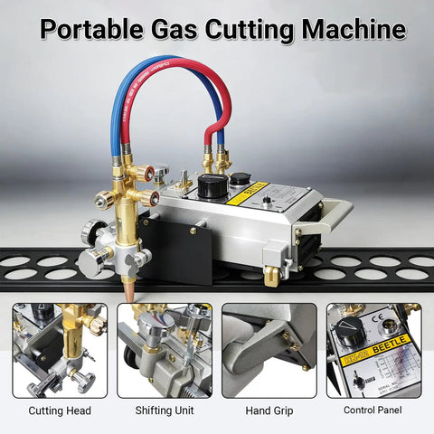 Heavy Duty Portable Torch Track Burner For No Sweat Gas Cutting With Dual Six Foot Guide Rails Slicing Steel And Metal Up To Four Inches Cutting head close-up.