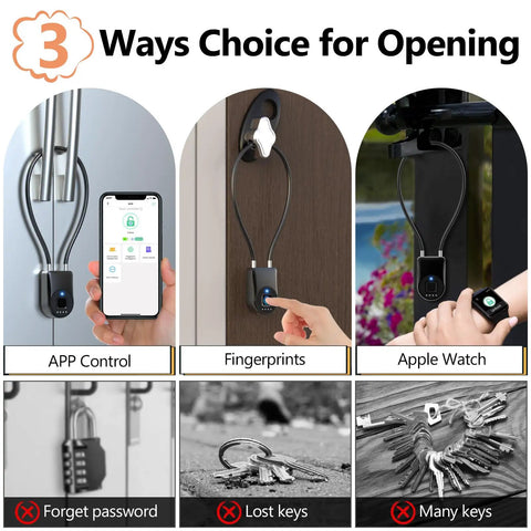 Super Slick Fingerprint Cable Lock For Fridge And Cabinets With Bluetooth App Control Child Proof Security For French Doors And Drawers No Hassle Peel And Stick showing 3 opening methods.
