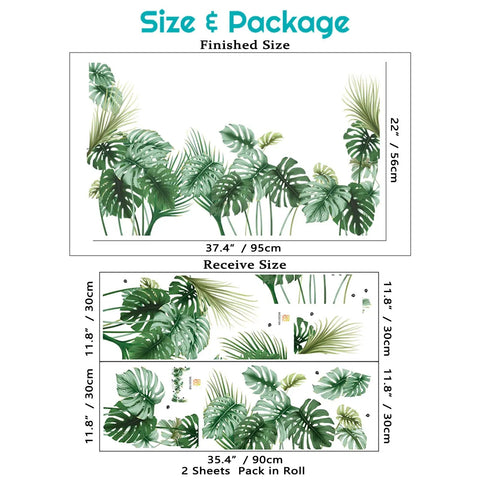 Palm Leaf Wall Decals Set For Living Room And Bedroom Tropical Green Plant Wall Stickers size and packaging details.