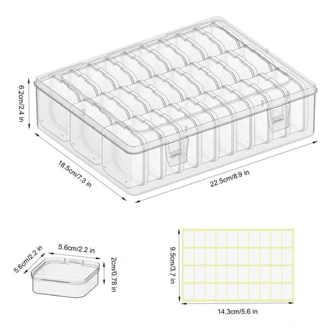 Clear Bead Organizer Storage Box Set with 31 hinged lid containers for jewelry making crafts, durable plastic with dimensions shown