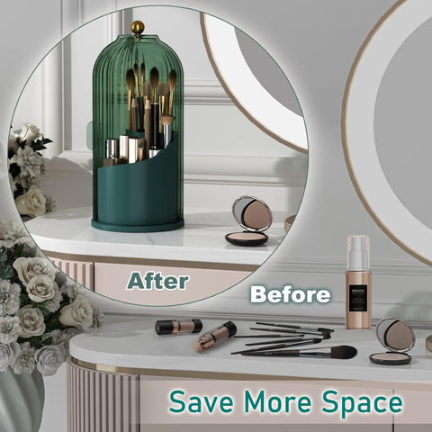 All Green 360 Degree Rotating Makeup Brush Holder With Lid Waterproof Dustproof Cosmetic Organizer for vanity desk