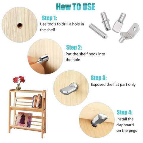 Guide for using 104 Pieces Shelf Pins Kit Four Styles Nickel Plated Shelf Support Pegs For Shelves Cabinets Bookshelves And Closets Durable Zinc Alloy Pins Five Millimeter And One Quarter Inch Fit Kitchen Furniture And Storage, showing steps and shelf support