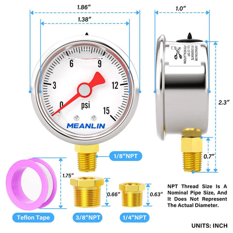 Stainless Steel Liquid Filled Pressure Gauge 0-15 Psi, 1/8 In NPT, 1.5 Inch Dial, Lower Mount, Glycerin Filled, with NPT Bushings