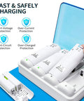 4 In 1 Battery Charger Station With 4 Pack 2800mAh NiMH Rechargeable Batteries And USB Cable For Remote Controllers White Extend Gameplay Time Easy Drop In Charging shown with safety features