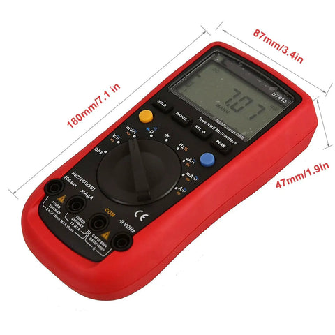 Pro Grade AC DC Auto Ranging Digital Multimeter With True RMS, RS232 PC Data Logging, capacitance, frequency, dimensions shown