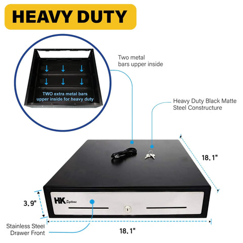 Heavy Duty 18 Inch POS Cash Drawer With Stainless Front And Ball Bearing Slides, Holds 5 Bills And 8 Coins