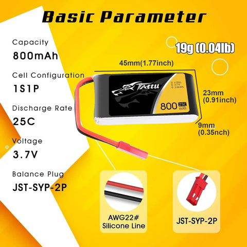 3.7V 800mAh 25C 1S LiPo Battery Pack With JST Plug highlighted specs and plug details on yellow background