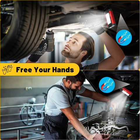 Rechargeable LED Magnetic Work Light 2 Pack With USB Charging, used under car and in engine repair, hands-free illumination.