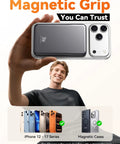 Heavy Duty Compact Magnetic Portable Charger And Serious 10000mAh Fast MagSafe Battery Pack held by smiling person with iPhone.