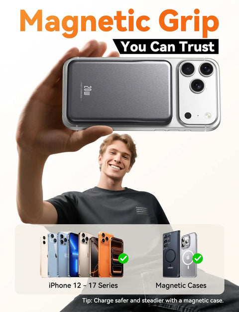 Heavy Duty Compact Magnetic Portable Charger And Serious 10000mAh Fast MagSafe Battery Pack held by smiling person with iPhone.
