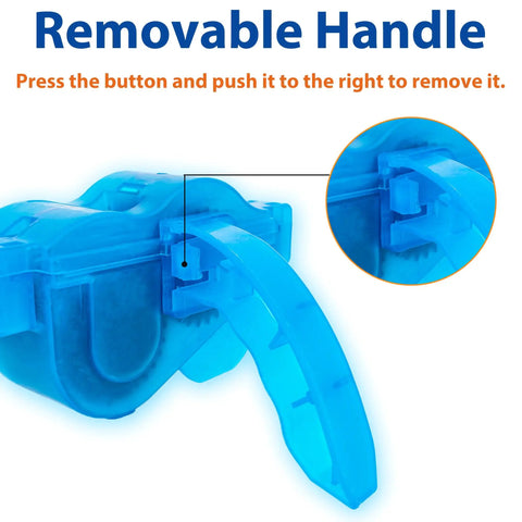 Visible: blue removable handle of Must Have Ultimate Chain Cleaner Kit For Bikes with scrubber brushes and gear scraper detail brush.