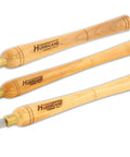 No Frills Skew Chisel Set For Woodturning Projects Built Tough With High Speed Steel Cutting Edges and Grippy Beech Handles, three chisels.