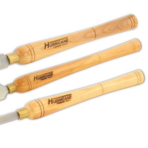 No Frills Skew Chisel Set For Woodturning Projects Built Tough With High Speed Steel Cutting Edges and Grippy Beech Handles, three chisels.