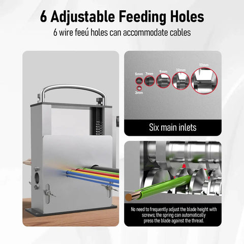 2 In 1 Wire Stripper Machine With Six Channels And Five Carbide Blades displaying wire inlet sizes and feeding holes.