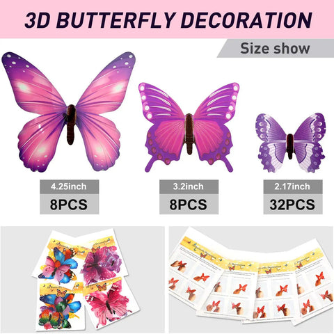 3D butterfly decoration showing pink and purple removable stickers, 96 Pcs 3D Glow In The Dark Butterfly Wall Decor Removable Stickers