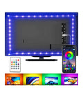 Lit USB Powered LED Strip Lights For TV Backlight Kit With Remote And App Control attached to back of HDTV.