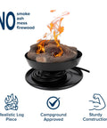 Front view of Big Red Portable Propane Campfire Pit Tabletop Heater For Camping And Tailgating, with realistic log and flame.