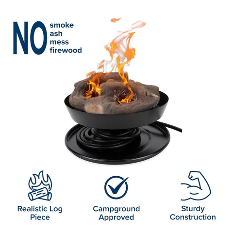 Front view of Big Red Portable Propane Campfire Pit Tabletop Heater For Camping And Tailgating, with realistic log and flame.