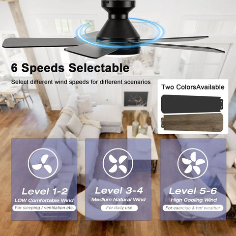 Ceiling Fans With Lights 42 Inch Low Profile Flush Mount With Remote Control Quiet Five Blade Reversible 3CCT Dimmable LED Sleek Black