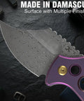 Wasp Pocket Folding Knife With 2.36 Inch Modified Wharncliffe Blade, Damascus Steel, Purple Anodized Titanium Handle