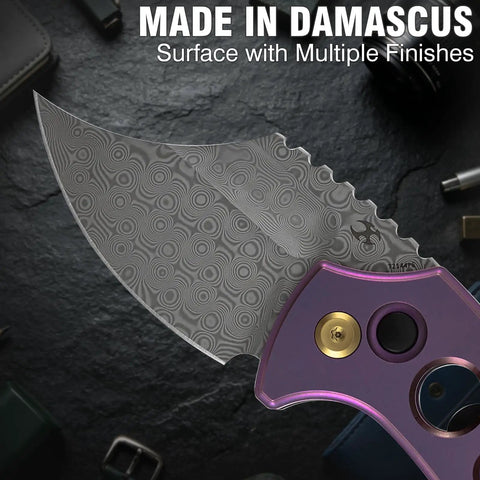 Wasp Pocket Folding Knife With 2.36 Inch Modified Wharncliffe Blade, Damascus Steel, Purple Anodized Titanium Handle