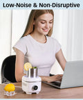 On Point Desktop Drink Chiller And Warmer With Heavy Duty Aluminum Mug and Cool Vibe Mood Light in use on desk.