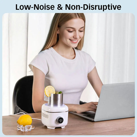 On Point Desktop Drink Chiller And Warmer With Heavy Duty Aluminum Mug and Cool Vibe Mood Light in use on desk.