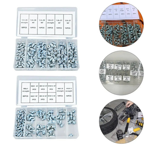 Super Cool 260 Piece Grease Fitting Kit With Galvanized Iron Material For Cars Including Straight And Angled Zerk Nipples To Level Up Your Auto Maintenance Game Smoothly, 260-piece box