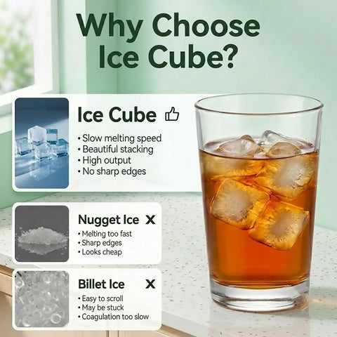 Image showing benefits of ice cubes vs nugget and billet ice, highlighting features of No Fuss Portable Ice Maker Featuring Smart Infrared Detection Automatic Shut Off Plus Ultra Chill Cooling That Churns Out Crystal Clear Cubes Smoothly For Home Bars And Parties.