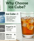 Slick Portable Countertop Ice Maker With Square Cube Batches And Smart Infrared Tracking For Fresh On Demand Chill Plus No Sweat Pullout Drawer And Auto Shut Off For Fast Weekender Prep showcasing ice cubes in a glass.