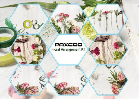 Collage of Must Have All In One Floral Tape And Wire Toolkit For DIY Bouquets And Arrangements with flowers and tools