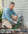 Man installing Three Foot Leader Hose With One Half Inch Male To Female Fittings For Faucet Extension And Drip Irrigation outdoors