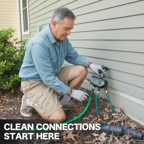 Man installing Three Foot Leader Hose With One Half Inch Male To Female Fittings For Faucet Extension And Drip Irrigation outdoors