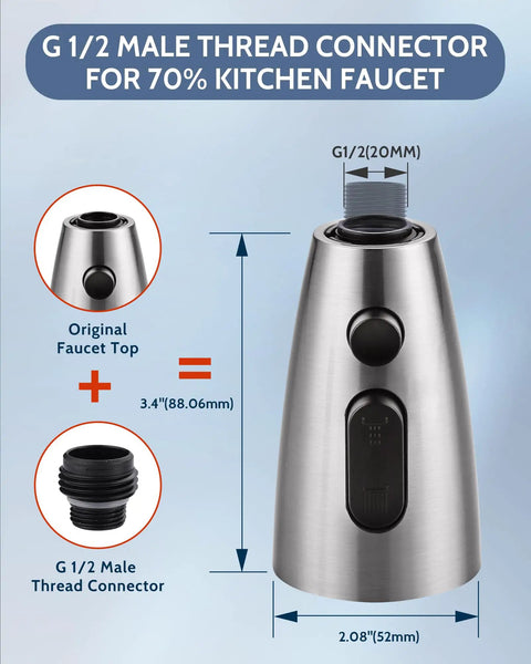 G 1/2 Male Thread Connector for 70% Kitchen Faucet, brushed stainless steel, dimensions 3.4" x 2.08", durable fitting.